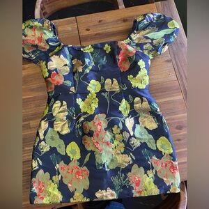 Lulu's Navy Floral Puff Sleeve Dress
